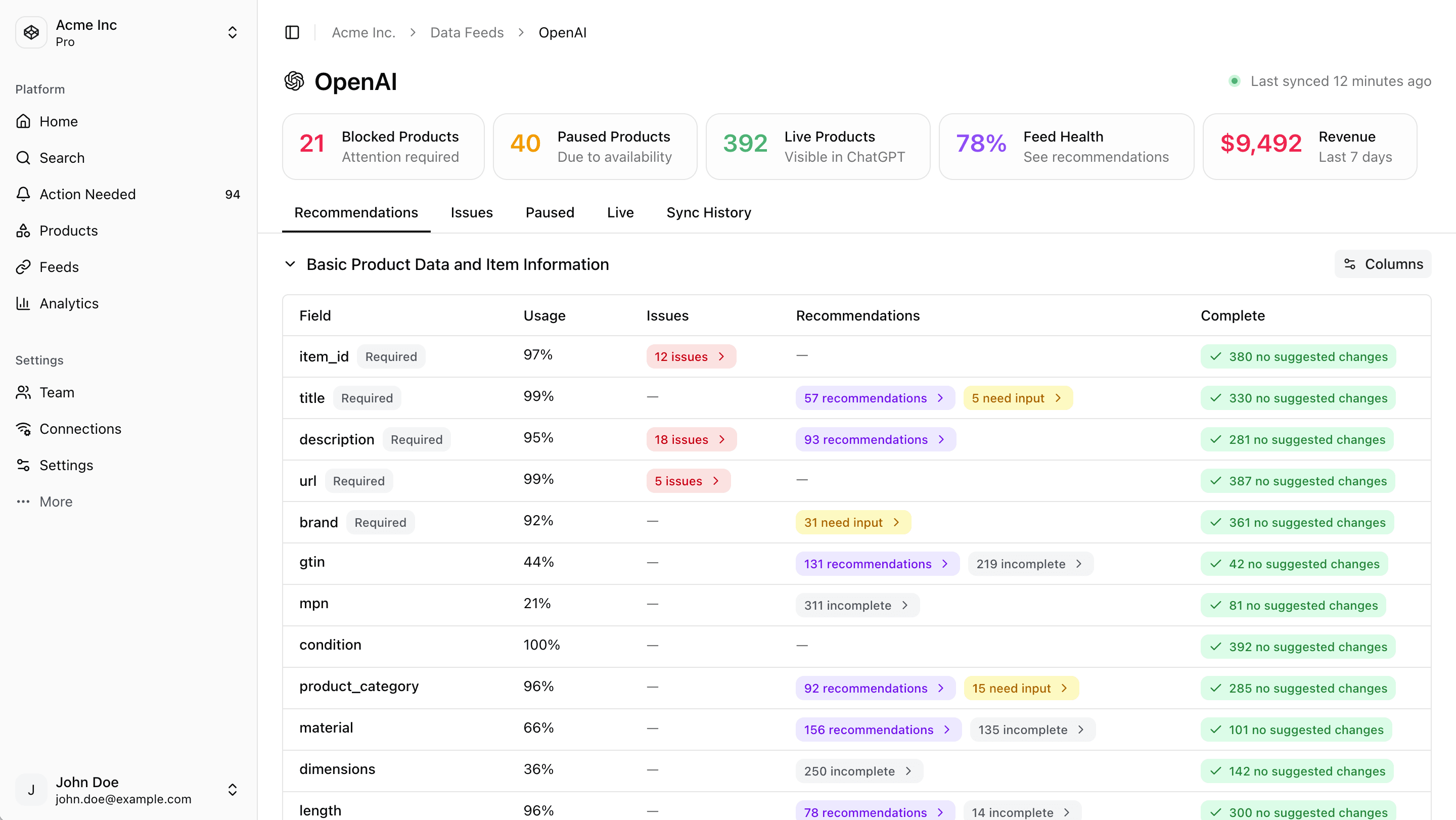 Screenshot showing retailQ tracking product metadata and suggesting fixes to ensure your product performs strongly, with complete metadata, on every platform.