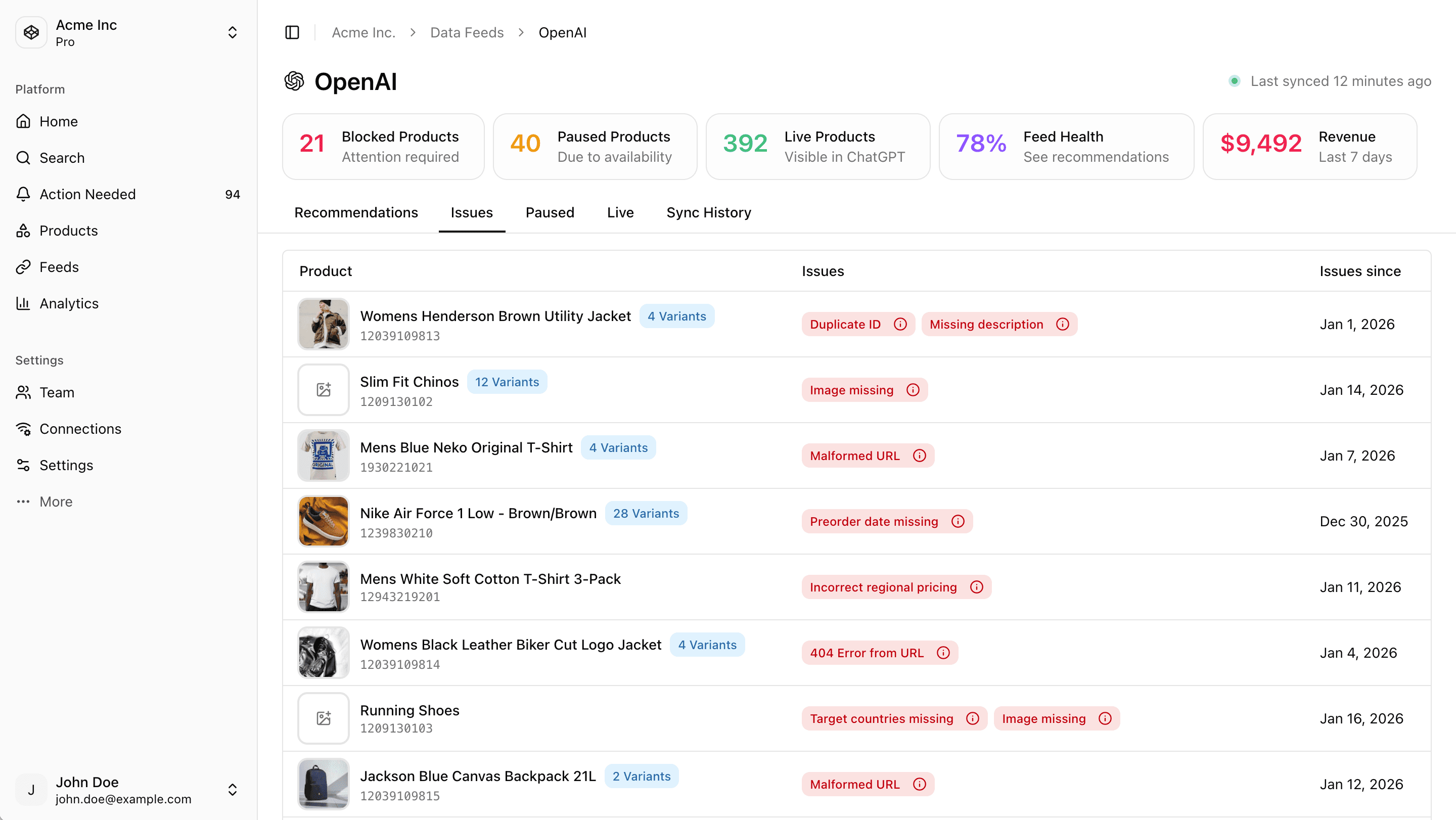 Screenshot showing retailQ conneting and pushing product data to different AI platforms, such as ChatGPT, Gemini and Claude.
