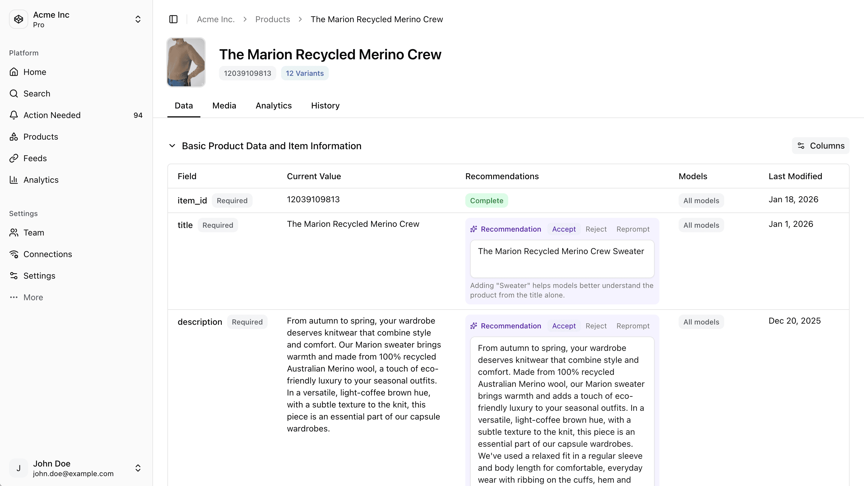 Screenshot showing retailQ tracking product metadata and suggesting fixes to ensure your product performs strongly, with complete metadata, on every platform.